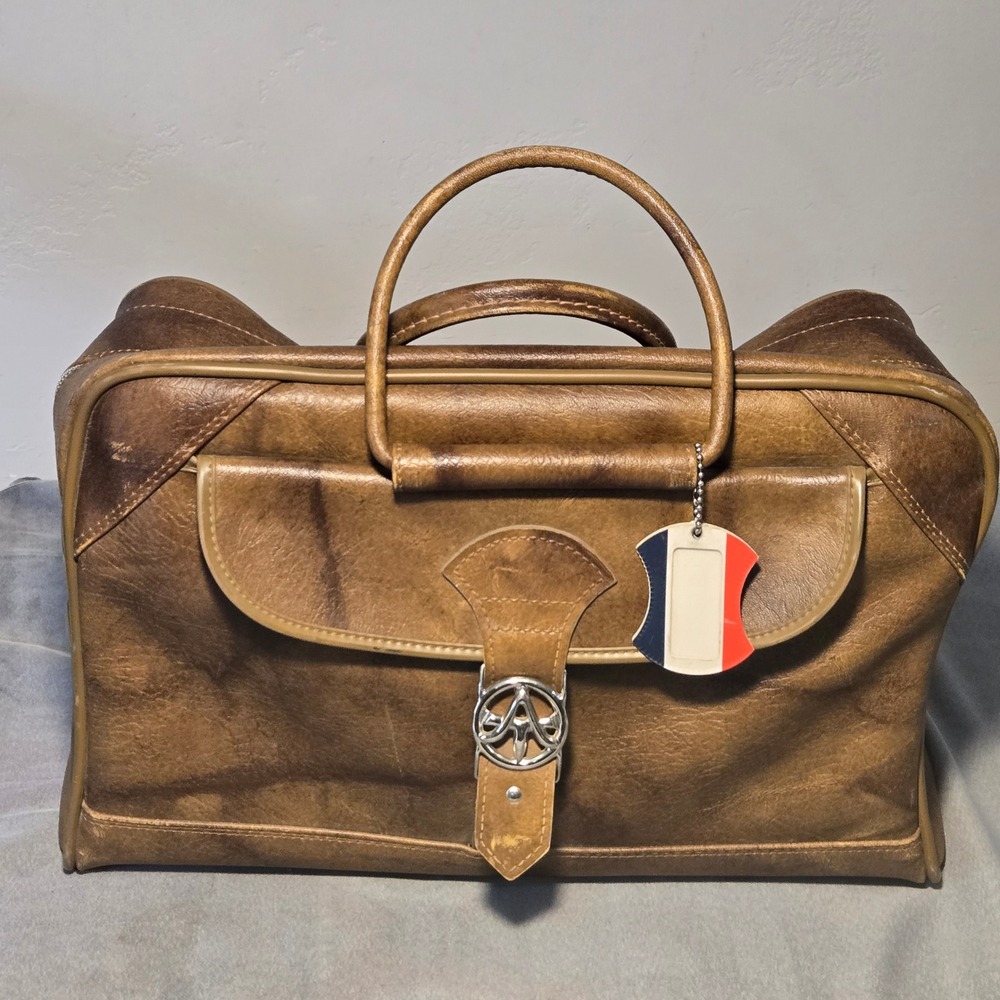 Vintage 1970s American Tourister Brown Faux Leather Carry On Luggage Travel Bag